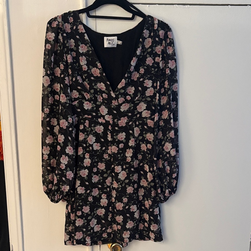 Princess Polly Black Long Sleeve Dress with Pink Floral Pattern